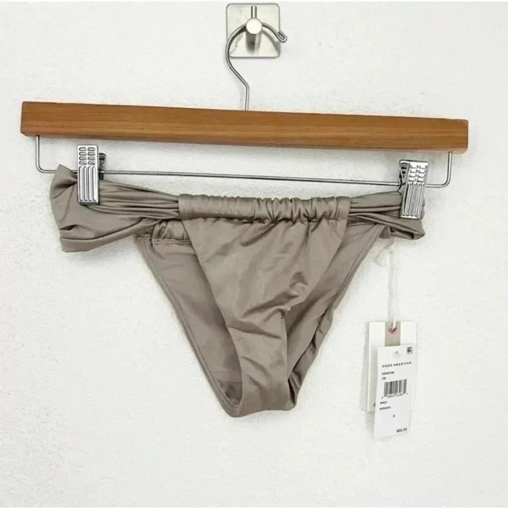 NWT Good American Mink‎ Shine Satin Ruched High Rise Bikini Bottoms, Size XS
